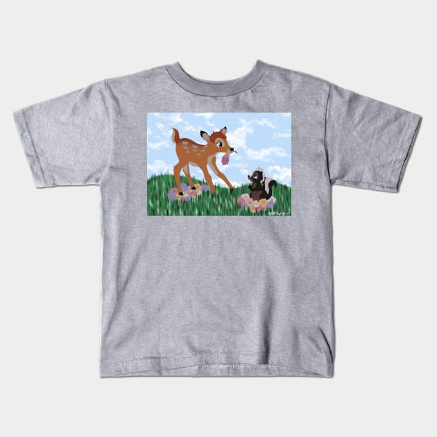 Bambi and Flower in the Flowers FULL COLOR Kids T-Shirt by cenglishdesigns